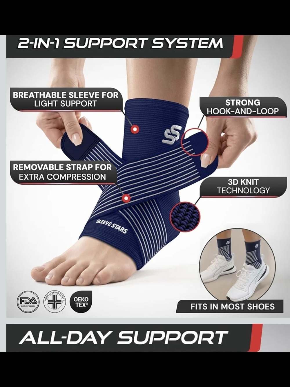 Sleeve Stars Ankle Brace, Compression Sleeve & Support, Woman& Man, Medium